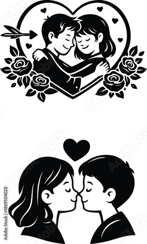 Romantic couple hugging in heart frame with roses and cute lovers kissing vector illustration.