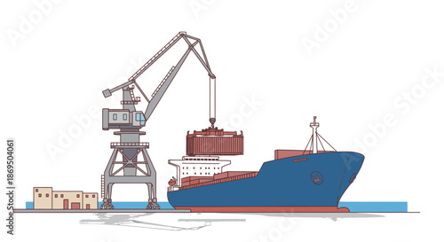 A large blue cargo ship being loaded by a crane at a dock with a building nearby