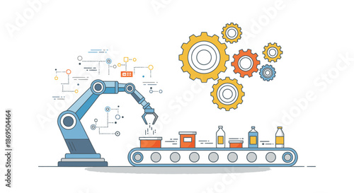 Industrial robotic arm assembling machinery parts on a conveyor belt in a modern manufacturing facility