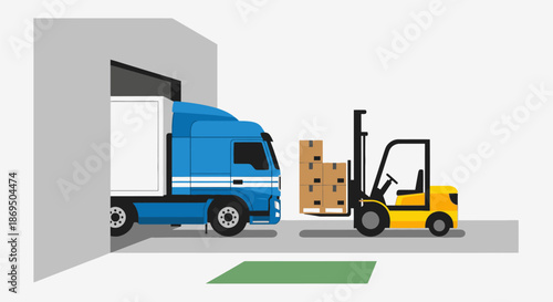 Logistics operation at a warehouse with a truck and forklift loading cargo