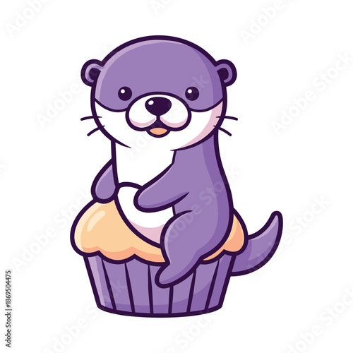Adorable Purple Otter Sitting on a Cupcake Vector Illustration