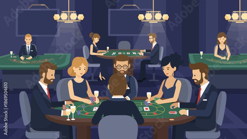 Nightlife Casino Poker Table Scene with Dealers and Players Enjoying a Social Game.