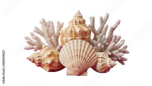 Seashells and Coral Arrangement Isolated on Transparent Background