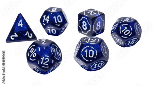 Set of Blue Polyhedral Dice for Games, Isolated on Transparent Background