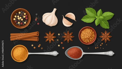 Assorted aromatic spices and fresh ingredients arranged on dark background for culinary display.