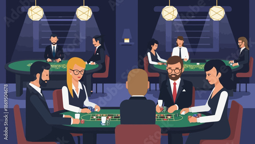 Group of people gathered around a casino card table playing a social game under warm hanging lamps.