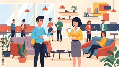 Diverse professionals gather and collaborate in a bright, modern coworking space full of discussion and relaxed conversation.