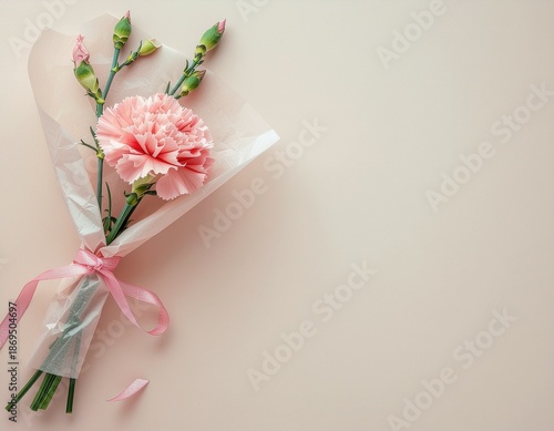 A pink carnation bouquet wrapped in paper.