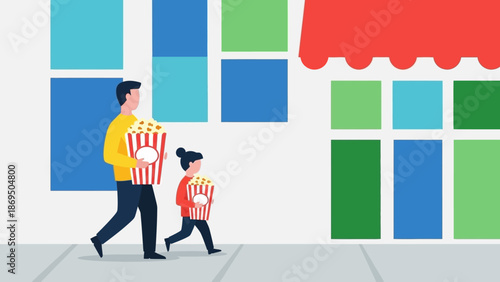 Man and boy walking along colorful storefronts in an urban street scene.