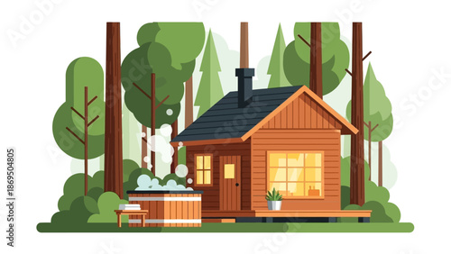 Cozy wooden cabin nestled in a dense forest with warm glowing windows.