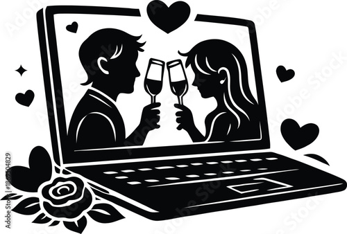 Virtual Valentine's Day date couple toasting wine glasses on laptop screen vector silhouette illustration.