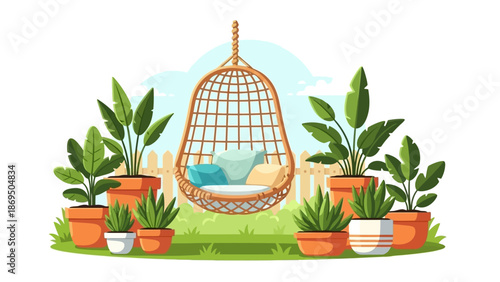 Bright indoor garden scene with potted greenery and a hanging wicker chair as a focal point.