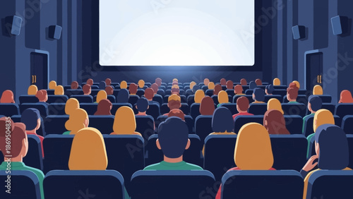 Busy cinema theater filled with an audience watching a large screen presentation.