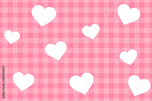 赤のチェック柄と白いハートが散りばめられた可愛い背景素材