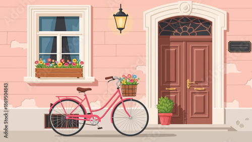 Pastel pink building facade with a classic bicycle and potted flowers outside a wooden door.