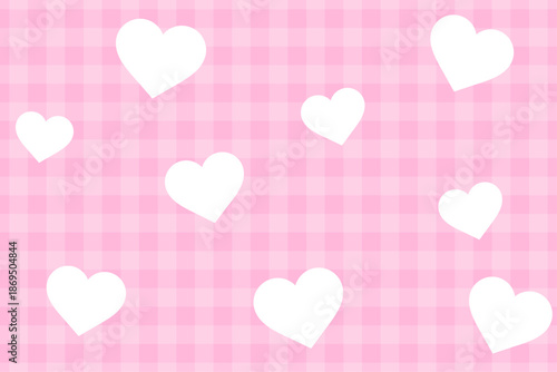 ピンクのチェック柄と白いハートが散りばめられた可愛い背景素材