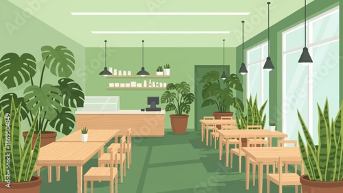 Bright green cafe interior filled with lush plants, wooden tables, and natural light.