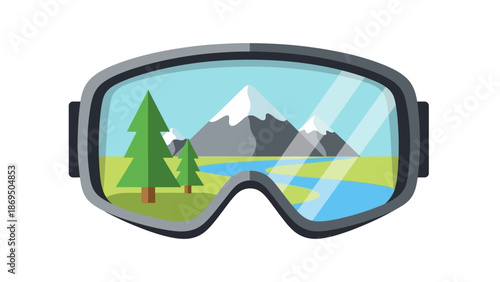 Alpine landscape seen through snow goggles featuring mountains, trees, and a tranquil lake.