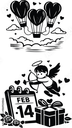 Valentine's Day set with cupid angel, heart hot air balloons, Feb 14 calendar and gift box vector illustration.