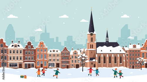 Winter City Skyline Illustration Featuring Snowy Streets, Spired Churches, and People in a Colorful Urban Scene.