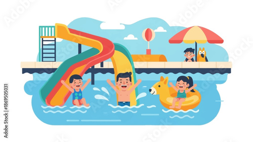 People enjoying a bright outdoor pool with water slides and diving boards under sunny skies.