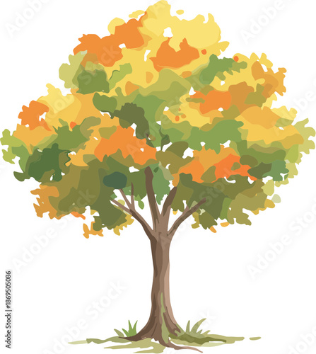 Flat Design Colorful Autumnal Tree with Golden and Green Leaves Illustration