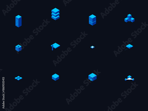 12 Isometric Cloud Computing and Big Data Icons - 3D Server Technology Vector Set