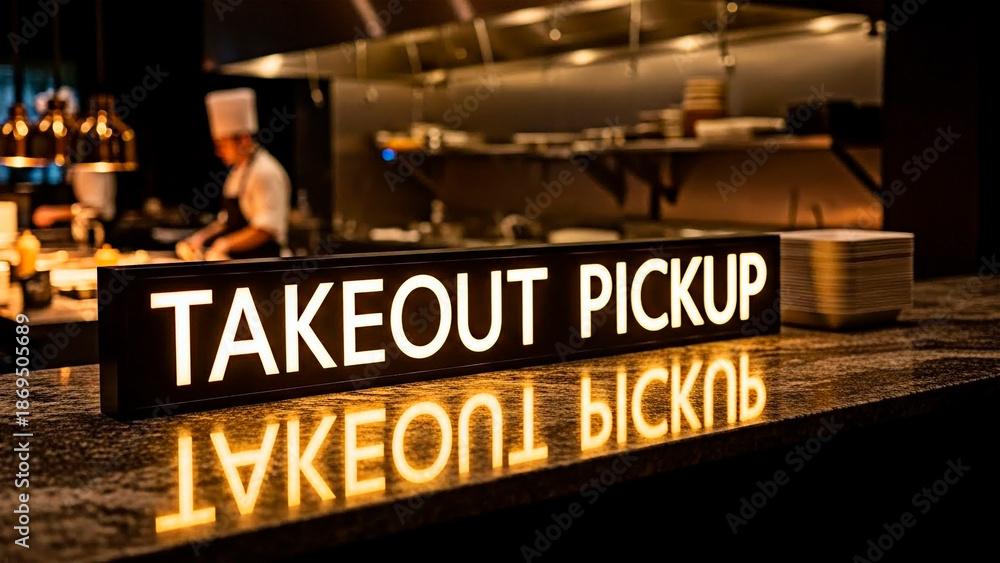 Obraz premium A sign indicating takeout pickup in a modern restaurant kitchen with a chef in the background