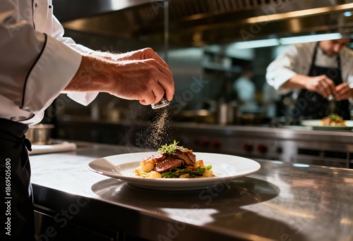 Culinary Artistry in a Gourmet Kitchen: A skilled chef meticulously seasons a gourmet dish, creating a gastronomic masterpiece in a high-end restaurant kitchen.