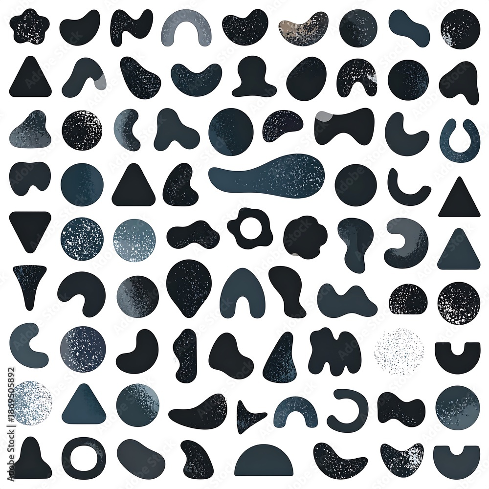 Fototapeta premium Collection of various abstract dark blue shapes, some textured, arranged in a grid pattern on a white background