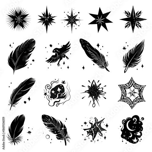 Set of 15 black feather and star tattoo icons vector isolated on Transparent Background