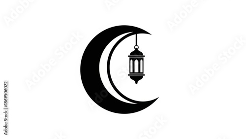 Islamic Crescent Moon with Lantern Symbolizing Ramadan, Isolated on White Background