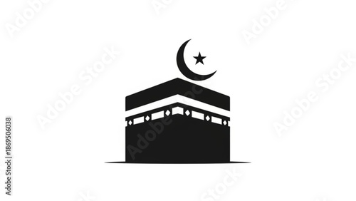 Kaaba Silhouette with Crescent Moon and Star Isolated on White Background