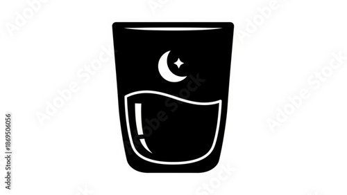 Black Coffee Cup with Moon Symbol on White Background, Isolated, Simple Design