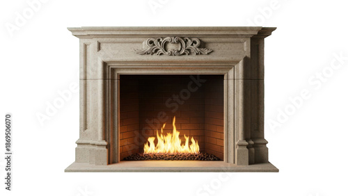 Elegant stone fireplace with burning fire isolated on transparent background
