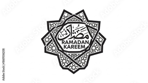 Ramadan Kareem Islamic Mandala Design with Arabic Calligraphy, Black and White Geometric Pattern, Cultural Greeting Symbolizing Spirituality and Blessings