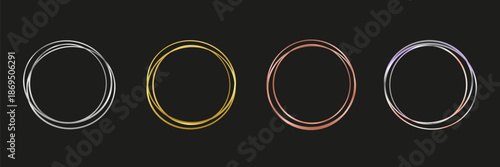 Elegant metal circle frames set with metallic rings in gold, silver, rose gold and chrome on dark background. Vector illustration.