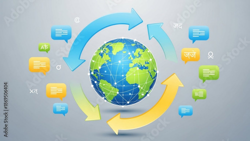 Global Communication Network with Arrows and Speech Bubbles around Earth