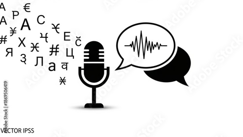 Microphone with Speech Bubble and Language Symbols Vector Illustration