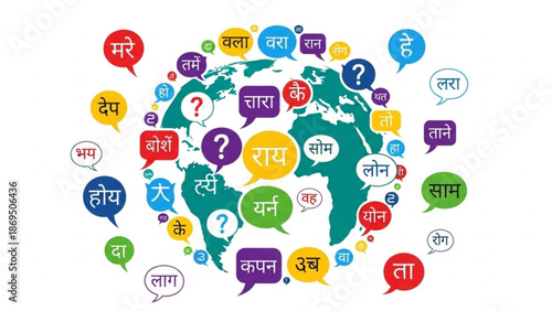 Multilingual World Map with Speech Bubbles and Question Marks