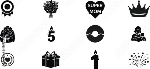 Black and white icons for a super mom's fifth birthday celebration