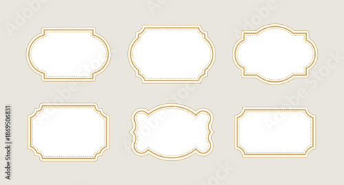 Set of six elegant gold vintage frames with delicate dotted borders. Classic decorative labels perfect for wedding invitations, luxury branding, product packaging, and premium certificate designs.