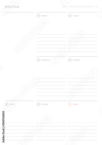 A weekly plan design template in a modern, simple, and minimalist style. Note, scheduler, diary, calendar, planner document template illustration.