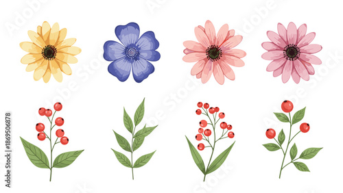 Beautiful collection of watercolor flowers and berry branches, featuring colorful daisies and lush green leaves, isolated on white background.