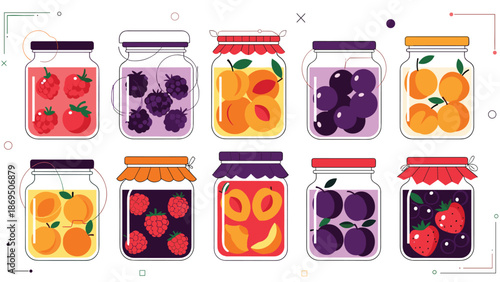 Collection of colorful glass jars filled with various homemade fruit jams and preserves, including strawberry, apricot, and plum preserves.
