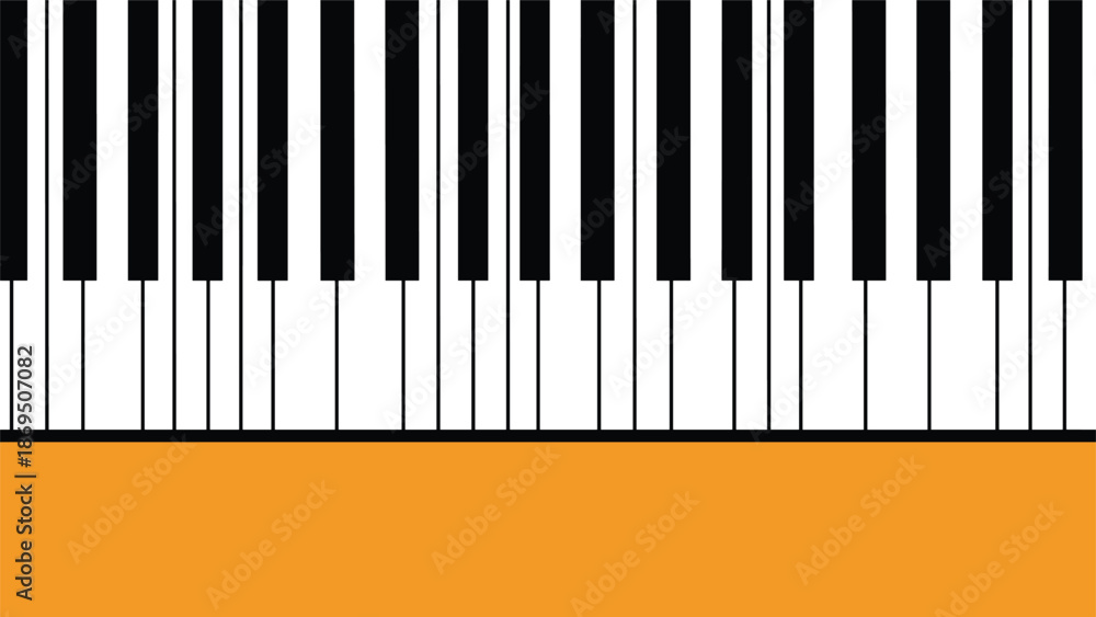 Fototapeta premium Simple graphic background featuring a seamless pattern of black and white piano keys with a solid orange border at the bottom.