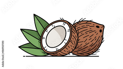 Simple and clean illustration of a whole coconut next to a halved coconut with green tropical leaves on a white background.