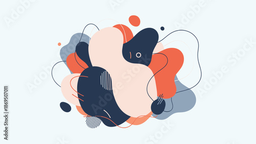 Dynamic and modern abstract graphic composition with overlapping fluid, organic shapes and lines in a trendy color palette.