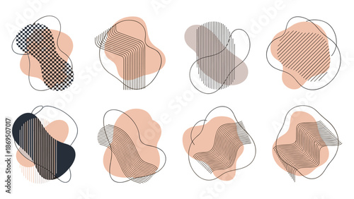 Modern collection of abstract amoeba-like liquid shapes with various line and dot patterns for contemporary graphic design.
