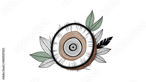 Artistic black and white illustration of a halved coconut with tropical leaves, created in a detailed, hand-drawn sketch style.